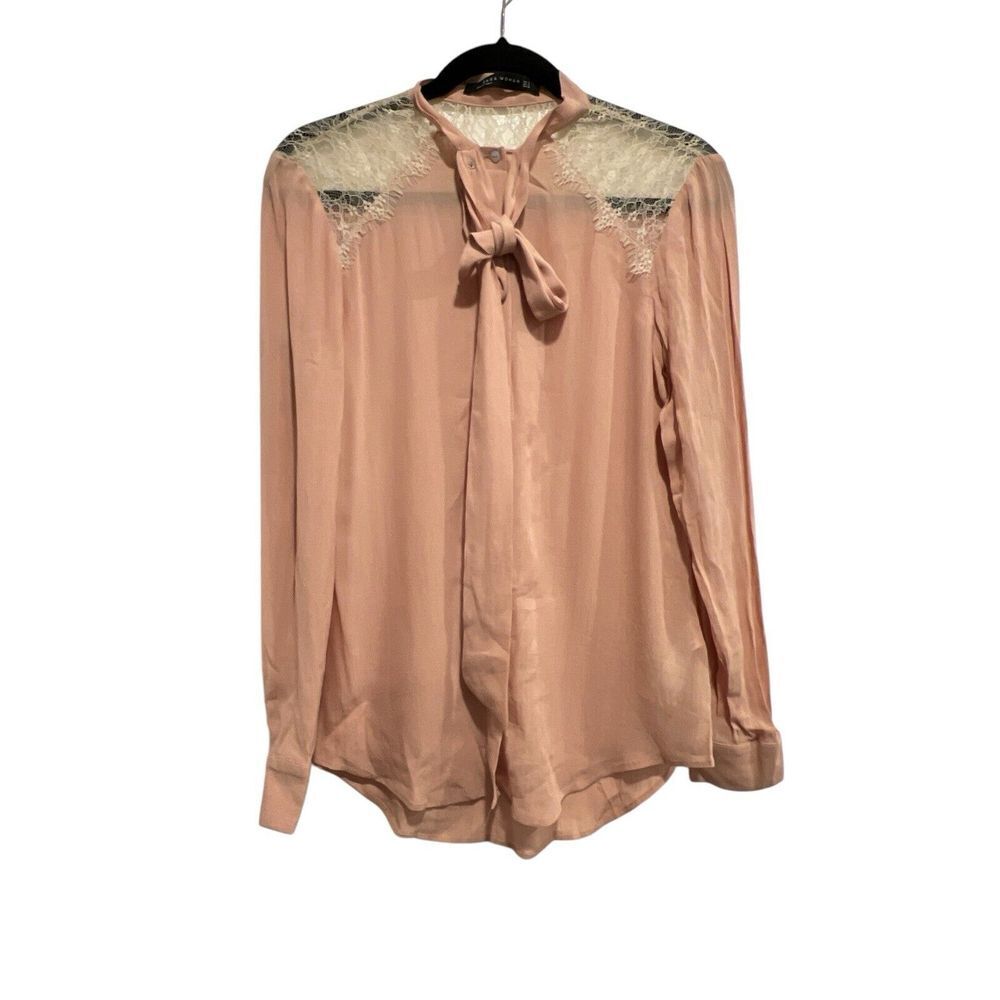 Zara Woman's Sheer Lace Tie Top Long Sleeve Blouse Size Small